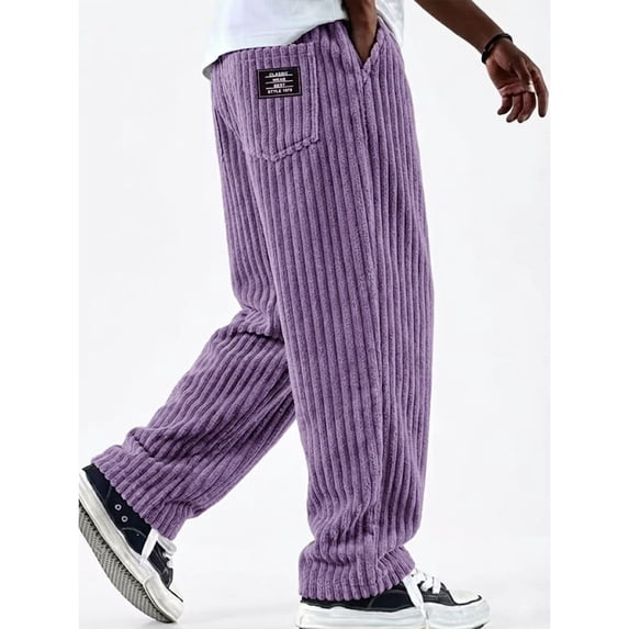 Zimjoy Men's Wide Leg Pants Corduroy Elastic Waistband Drawstring Pants Textured Loose Straight Trousers with Pockets, Purple 2XL