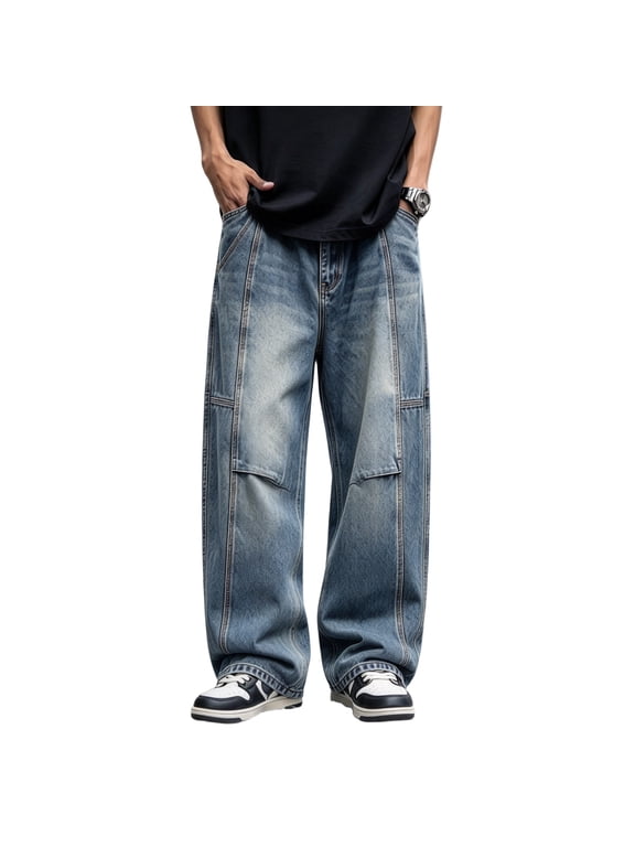 Men's Wide Leg Patchwork Jeans Loose Straight Fit Washed Denim Pants Casual Baggy Long Trousers Streetwear M