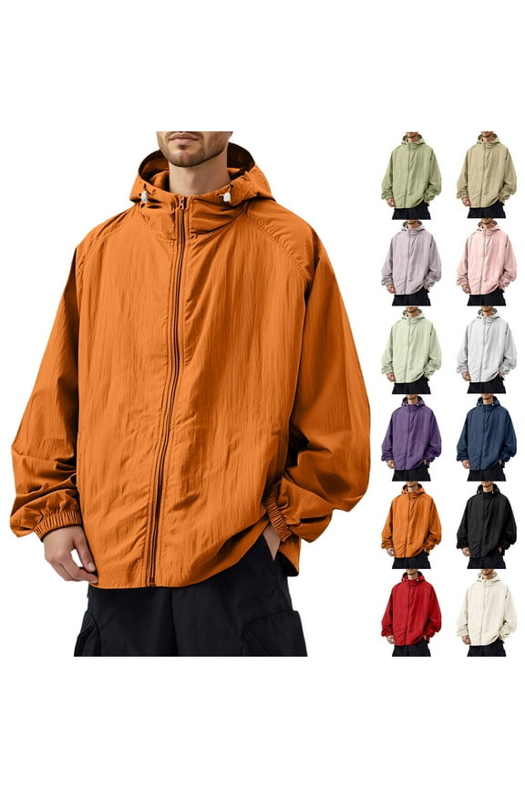 Men's Windbreakers Lightweight UV Protection Jackets Casual Big and Tall Hooded Rain Coat with Pocket Fishing Hiking Clothing, Saffron XL