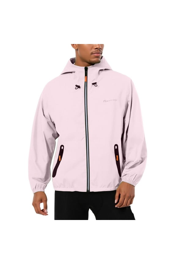 Men's Windbreakers Lightweight Waterproof Full Zip Jackets Outdoor Big and Tall Hooded Windbreaker Jacket with Pocket Fishing Hiking Coat, Pink M