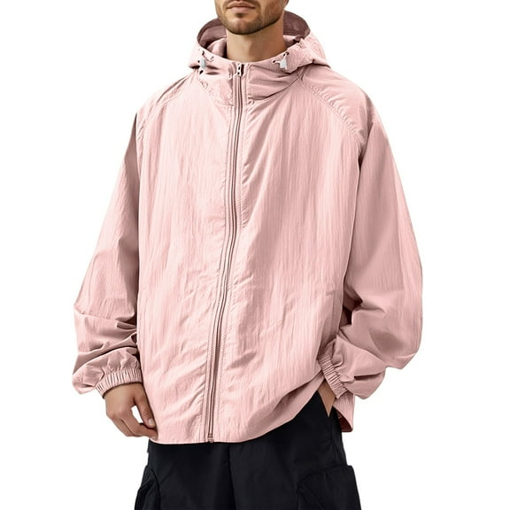 Zimjoy Men's Windbreakers UV Protection Oversized Hooded Rain Jacket Lightweight Casual Athletic Hoodie with Pocket Fishing Hiking Clothing, Pink 3XL