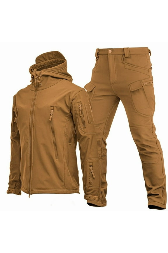 Men's Windbreakers with Windbreaker Pants Men Outdoor Waterproof Windbreaker Jacket 15 Pockets Lightweight Tactical Clothing Set, Khaki L