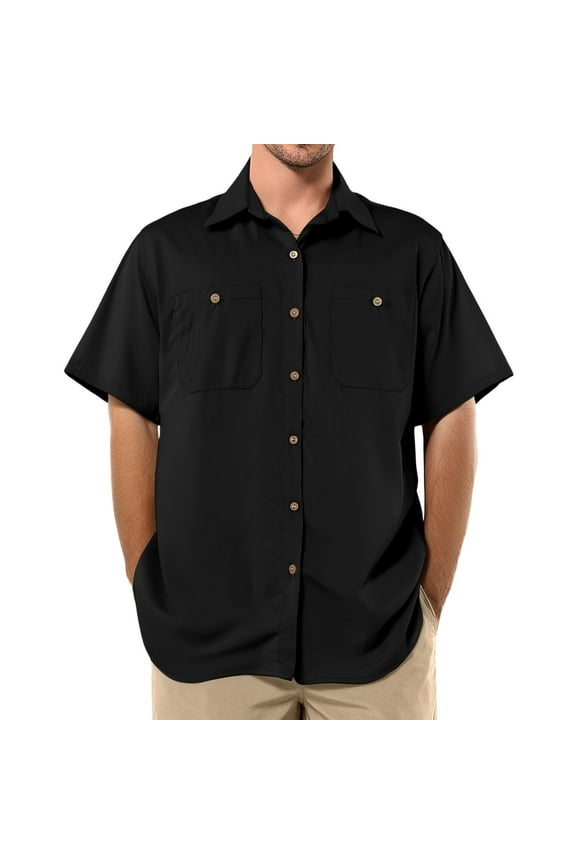 Men's Work Shirt Casual Short Sleeve Big and Tall Shirt Men Regular Fit Collared Two Pockets T-Shirts Lightweight Mechanic Industrial Work Wear, Black XL
