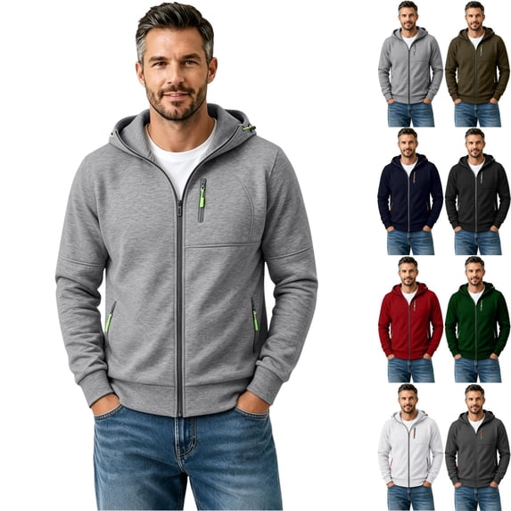 Zimjoy Men's Zipped Hoodies Jackets Long Sleeve Hoodies for Men with Zipper Casual Lightweight Winter Jacket with Hood Gray 2XL