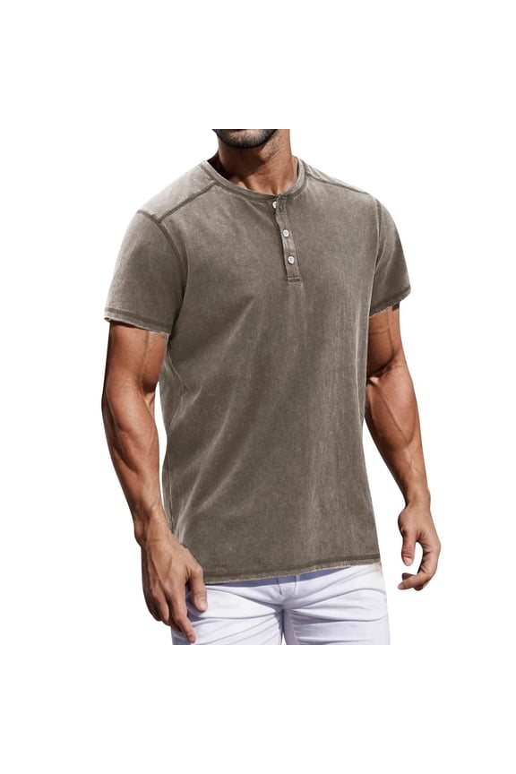 Mens Big and Tall T-Shirts Big and Tall Henley Neck Short Sleeve Solid Color Shirts Summer Tops Basic Pullover Tees (Khaki, 2XL)