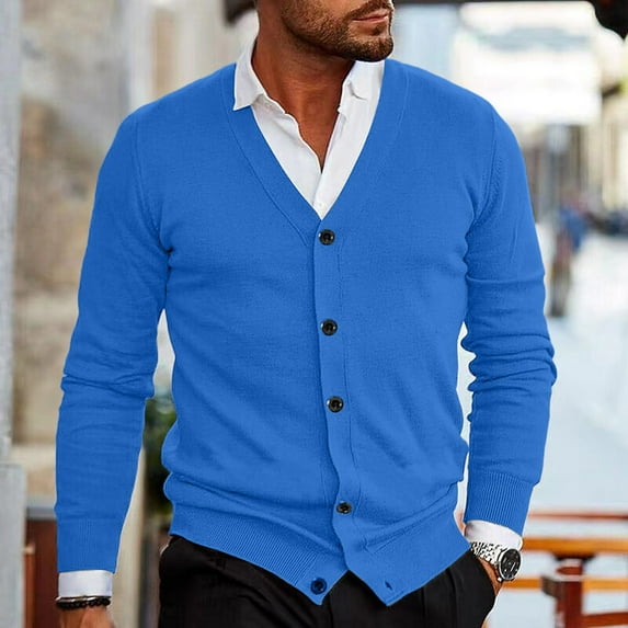 Zimjoy Mens Cardigan Sweater Casual V Neck Cardigan Long Sleeve Slim Fit Button Up Knit Sweater Vintage Lightweight Open Front Fall Clothes with Pocket, Blue M