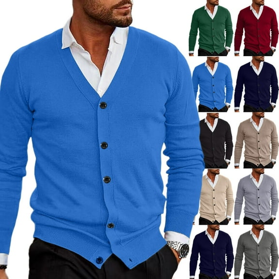 Zimjoy Mens Cardigan Sweater Long Sleeve Button Up Blue Cardigan Casual Slim Fit V Neck Ribbed Knit Sweater Vintage Open Front Lightweight Trench Coat with Pocket, Blue 2XL