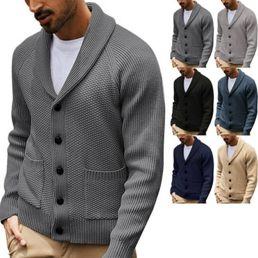 Zimjoy Mens Cardigan Sweaters Button Down Knit Sweater Long Sleeve Shawl Collar Sweater Loose Fit Casual Cardigan Men Fall Winter Outwear with Pockets, Dark Gray L