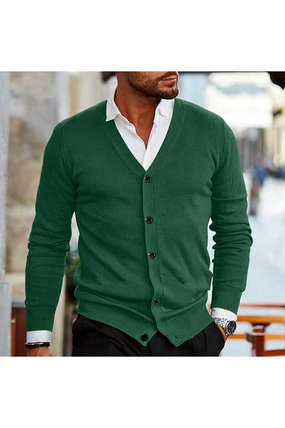 Mens Cardigan Sweaters with Buttons Casual V Neck Cardigan Long Sleeve Slim Fit Button Down Knit Sweater Vintage Lightweight Open Front Fall Clothes with Pocket, Dark Green L