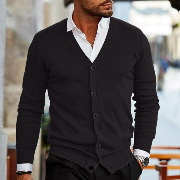 Zimjoy Mens Cardigan Sweaters Casual Button Up V Neck Cable Knitted Sweater Long Sleeve Open Front Slim Fit Black Cardigan Lightweight Fall Clothes with Pocket, Black M