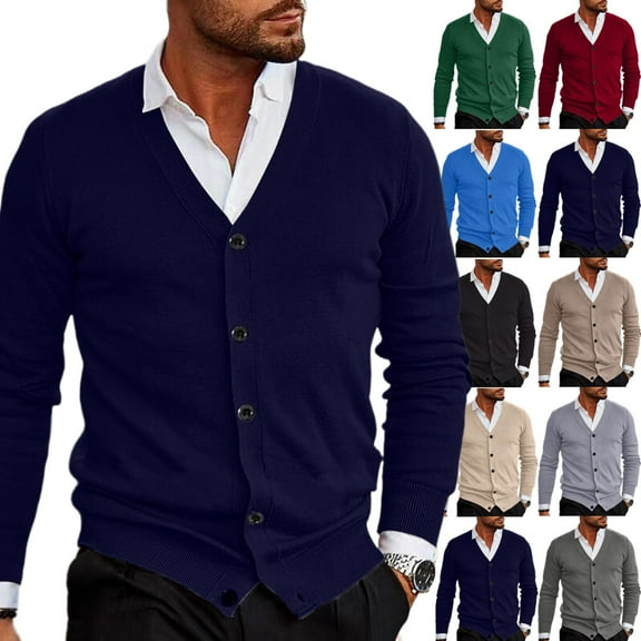Zimjoy Mens Cardigan Sweaters Casual Button Up V Neck Knit Sweater Long Sleeve Open Front Slim Fit Blue Cardigan Lightweight Fall Clothes with Pocket, Navy L