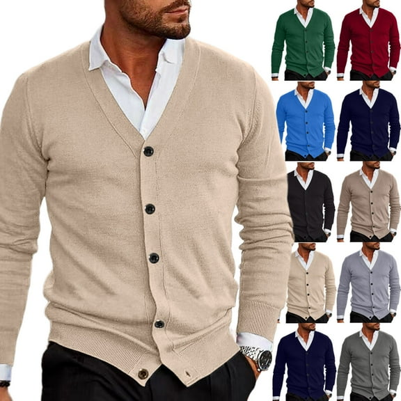 Zimjoy Mens Cardigan Sweaters Casual V Neck Button Down Sweaters Slim Fit Long Sleeve Beige Cardigan Open Front Lightweight Fall Clothes with Pocket, Beige XL