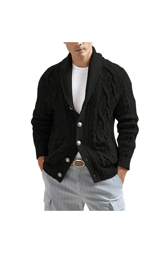 Mens Cardigan Sweaters Long Sleeve Button Down Fleece Sweater Shawl Collar Cable Knit Sweater Loose Fit Casual Fall Winter Coat Cardigan Men with Pockets, Black XL