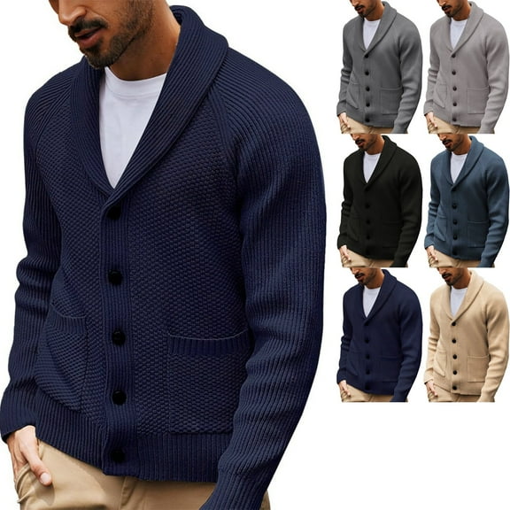 Zimjoy Mens Cardigan Sweaters Long Sleeve Button Up Ugly Sweater Shawl Collar Knit Sweater Loose Fit Casual Fall Winter Coat Mens Cardigan with Pockets, Dark Blue L