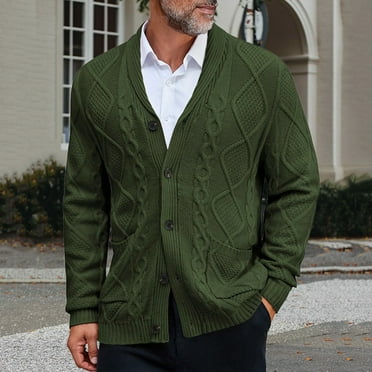 Zimjoy Mens Cardigan Sweaters Long Sleeve Shawl Collar Cable Knit Sweater Button Up Men's Sweater Casual Chunky Fall Winter Jacket Mens Cardigan with Pockets, Army Green L