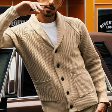 Zimjoy Mens Cardigan Sweaters Long Sleeve Shawl Collar Knit Sweater Button Up Men's Sweater Loose Fit Casual Fall Winter Outwear Cardigan Men with Pockets, Khaki L