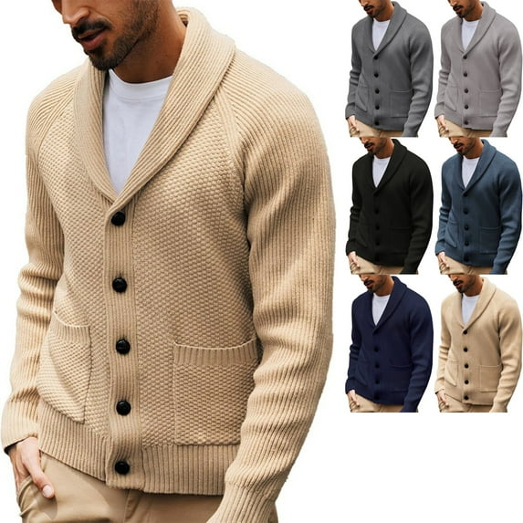 Zimjoy Mens Cardigan Sweaters Long Sleeve Shawl Collar Knit Sweater Button Up Mens Sweater Loose Fit Casual Fall Winter Outwear Mens Cardigan with Pockets, Khaki M
