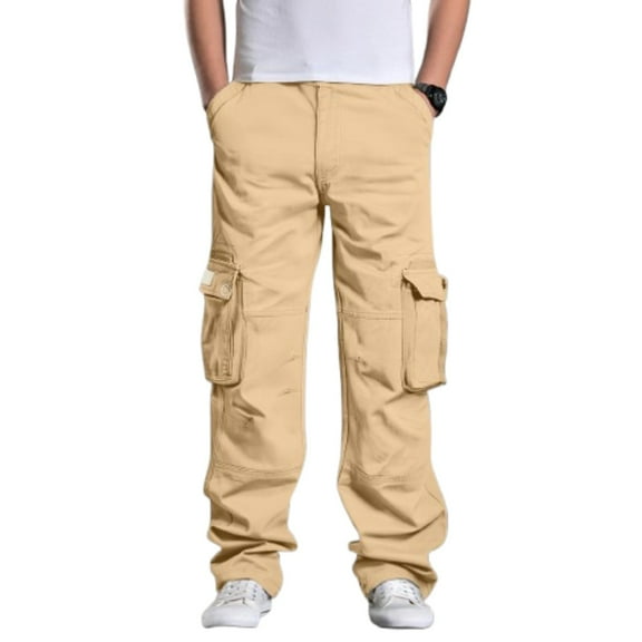 Zimjoy Mens Cargo Pants Rip Stop Outdoor Trousers Relaxed Fit Lightweight Utility Work Pants Drawstring Trousers with Multi Pocket, Khaki 34