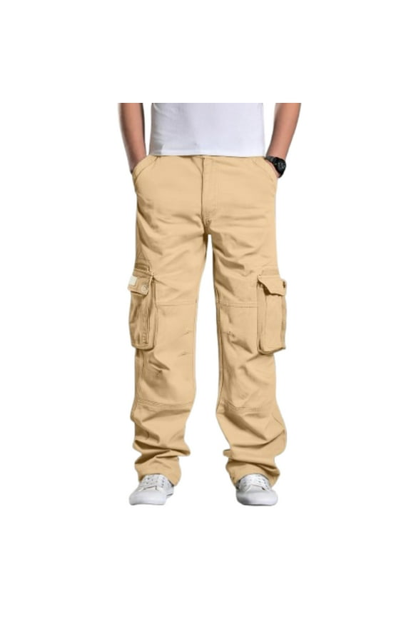 Mens Cargo Pants Rip Stop Outdoor Trousers Relaxed Fit Lightweight Utility Work Pants Drawstring Trousers with Multi Pocket, Khaki 34