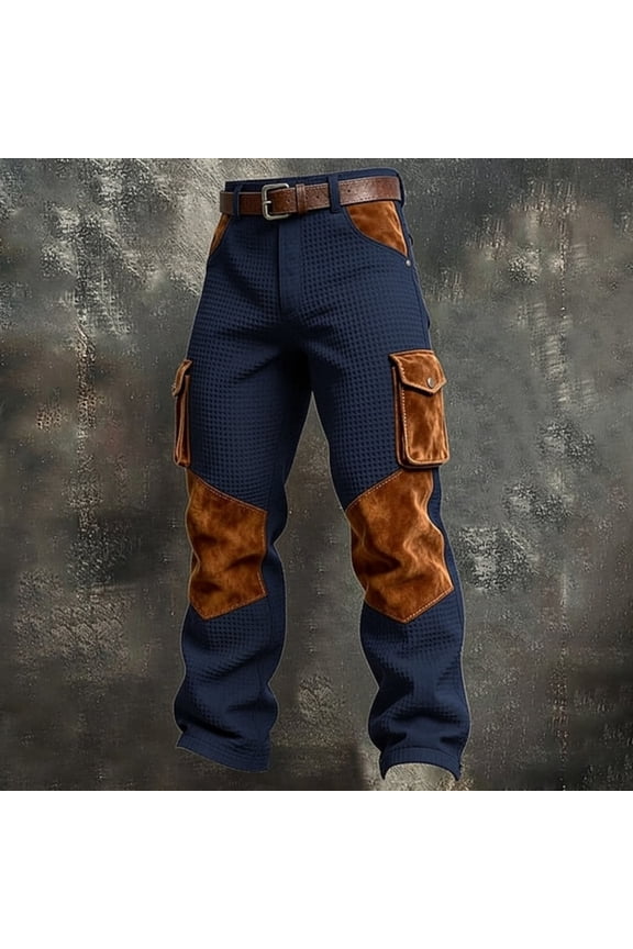 Mens Cargo Pants Waffle Knit Multi-Pockets Cargo Pants Durable Knee Patches Trousers for Working, Hiking, Outdoor, Navy 2XL