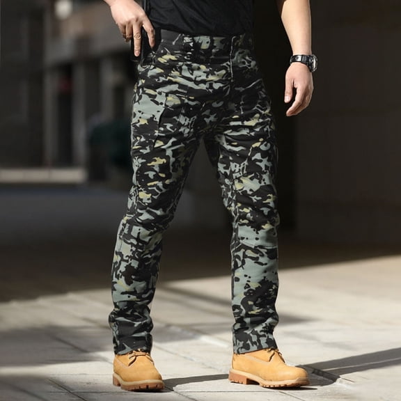Zimjoy Mens Cargo Pants Waterproof Rip Stop Cargo Trousers Relaxed Fit Lightweight Utility Work Pants Durable Waistband Trousers with Multi Pocket, Gray Camouflage 2XL