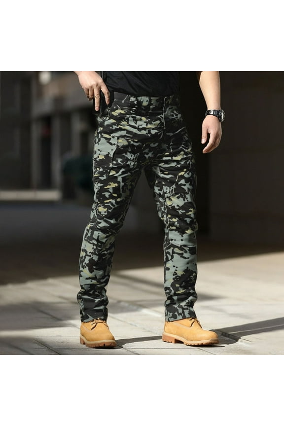 Mens Cargo Pants Waterproof Rip Stop Cargo Trousers Relaxed Fit Lightweight Utility Work Pants Durable Waistband Trousers with Multi Pocket, Gray Camouflage 2XL