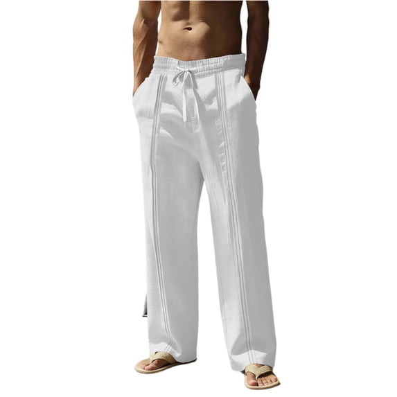 Zimjoy Mens Casual Linen Baggy Pants Elastic Waist Drawstring Deep Pockets Trousers for Summer Fall, White M