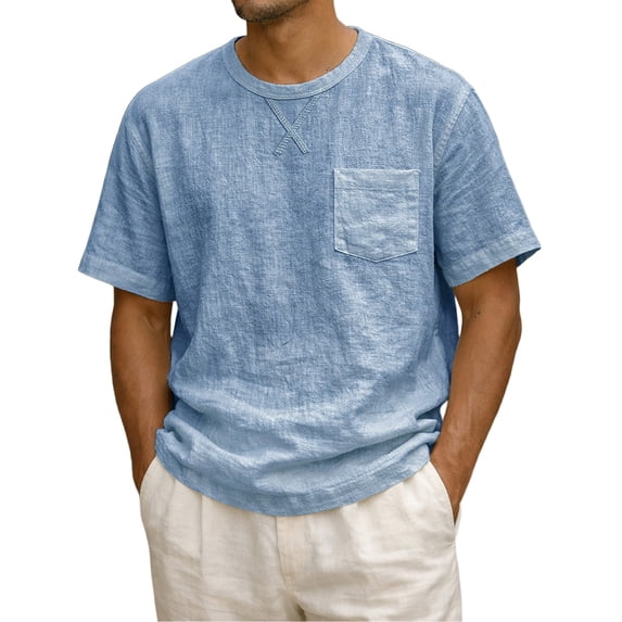 Zimjoy Mens Cotton Linen T-Shirts Short Sleeve T Shirt Crew Neck Tees Casual Cross Front Basic Tee Tops Blue L