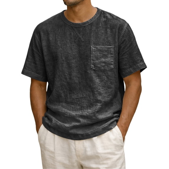 Zimjoy Mens Cotton Linen T-Shirts Short Sleeve T Shirt Crew Neck Tees Casual Cross Front Basic Tee Tops Dark Gray M