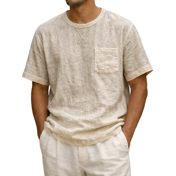 Zimjoy Mens Cotton Linen T-Shirts Short Sleeve T Shirt Crew Neck Tees Casual Cross Front Basic Tee Tops Khaki L