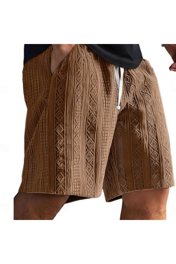 Mens Elastic Waist Daily Shorts Texture Embroidered Soft Breathable Summer Beach School Lounge Shorts, Brown XL