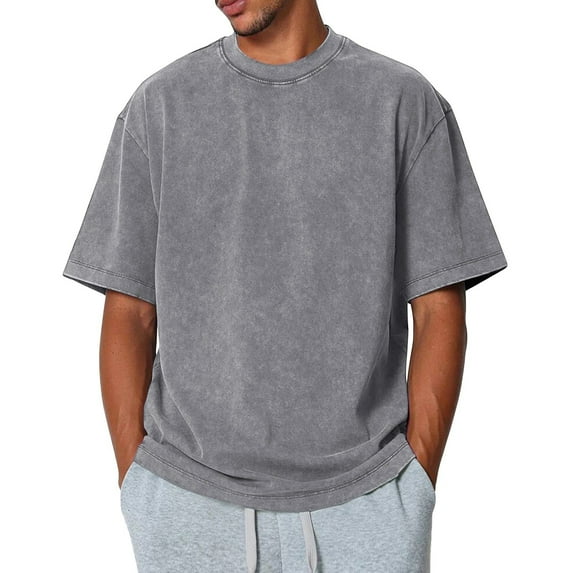 Zimjoy Mens Gray Tshirt Casual Mens Washed Cotton T Shirts Loose Fit Short Sleeve Oversized Tshirts for Men Crewneck Vintage Fashion Clothing, Gray L