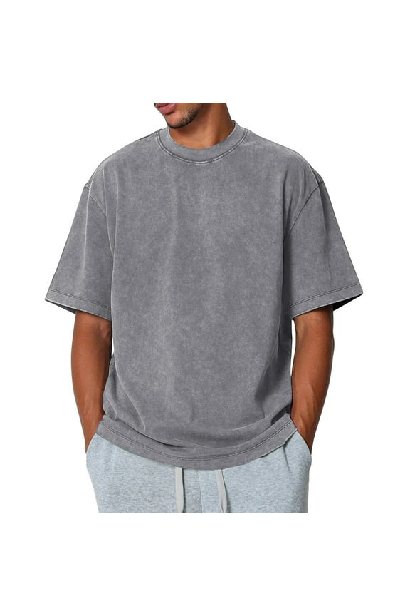 Mens Gray Tshirt Casual Mens Washed Cotton T Shirts Loose Fit Short Sleeve Oversized Tshirts for Men Crewneck Vintage Fashion Clothing, Gray L
