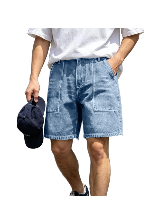 Mens Jean Shorts 5" Heavyweight Straight Vintage Denim Shorts Loose Fit Elastic Waist Wide Leg Baggy Jorts, Light Blue L