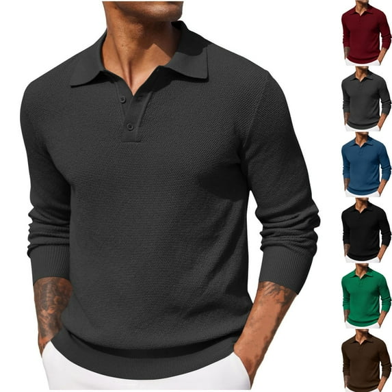 Zimjoy Mens Long Sleeve Polo Shirts Casual V Neck Knit Polo Sweater Button Up Collared Pullover Sweater Henley Lightweight Mens Winter Shirt, Dark Gray L