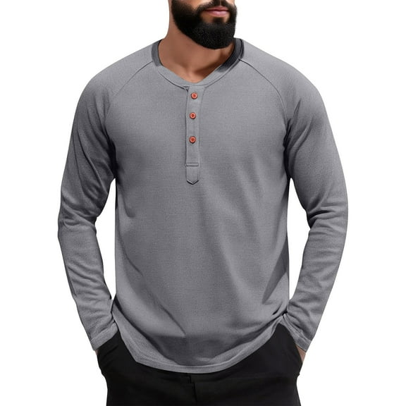 Zimjoy Mens Long Sleeve T Shirts Casual Button Down Henley Shirts Slim Fit Crewneck Clothes Lightweight Fall Ropa De Hombre, Gray L