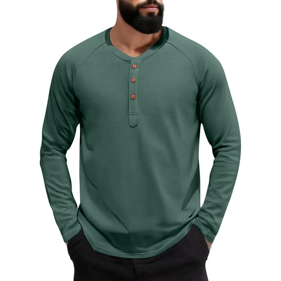 Zimjoy Mens Long Sleeve Tops Casual Button Down Henley Shirts Slim Fit Crewneck Clothes Lightweight Spring Ropa De Hombre, Green L
