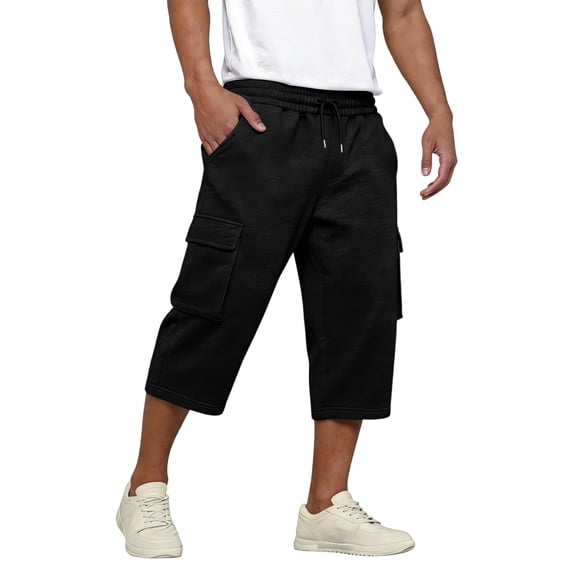 Zimjoy Mens Pants Multi-Pocket Elastic Waist 3/4 Length Pants Sports Wide Leg Relaxed Fit Workout Pants, Black L