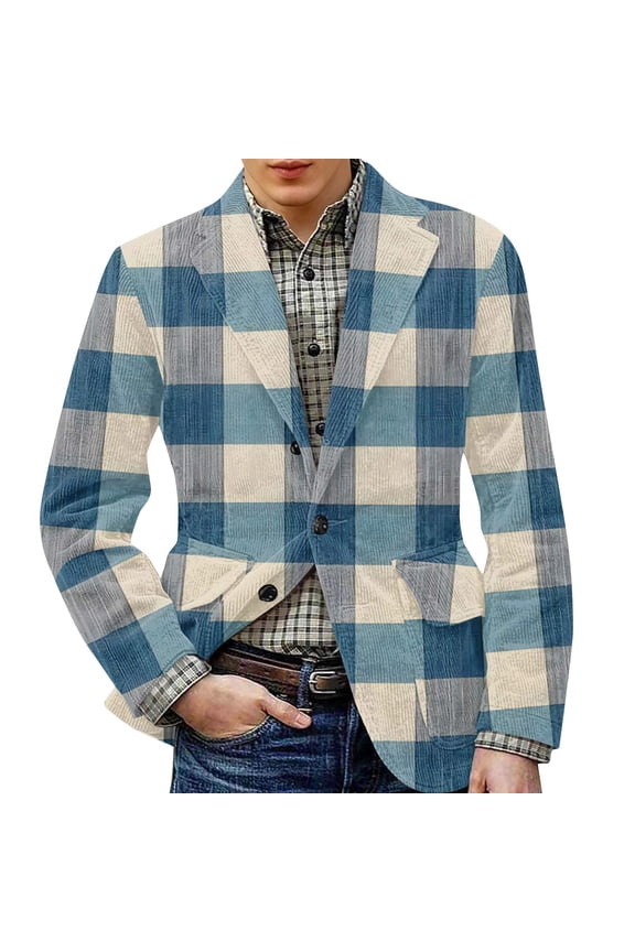 Mens Plaid Blazer Casual Slim Fit Corduroy Suit Jacket Vintage One Button Checkered Blazer Work Office Business Blazers Jackets Daily Wearing Sport Coats, Beige L