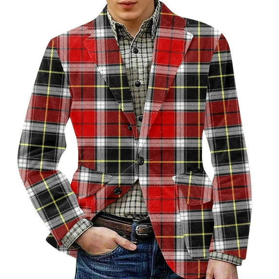 Zimjoy Mens Plaid Blazer One Button Vintage Corduroy Suit Jackets Slim Fit Casual Checkered Blazer Dinner Party Sport Coats Business Office Work Blazers Jackets, Red L