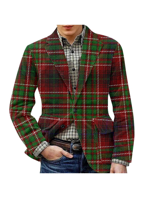 Mens Plaid Blazer One Button Vintage Corduroy Suit Jackets Slim Fit Casual Checkered Blazer Holiday Party Sport Coats Business Work Office Blazers Jackets, Green 3XL