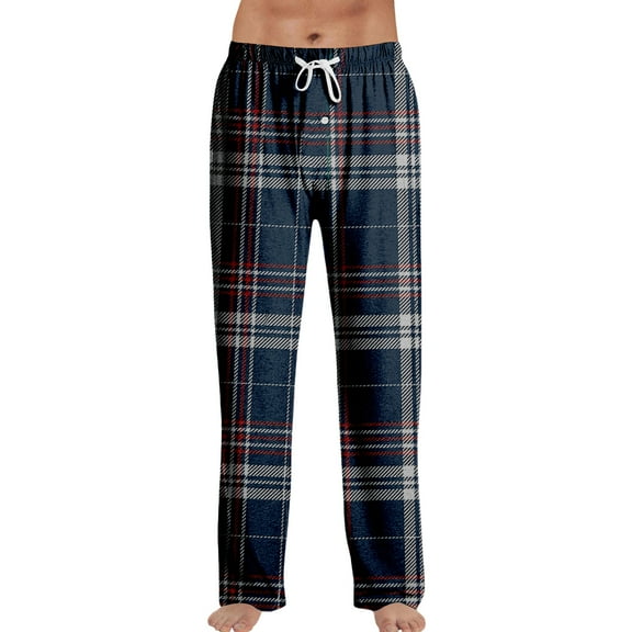 Zimjoy Mens Plaid Sleep Pant Elastic Waist Lounge Flannel Pajama Pants Lightweight Drawstring Comfy Pj Pants Casual Warm Sleepwear Sleep Bottom with Pockets, Dark Blue L