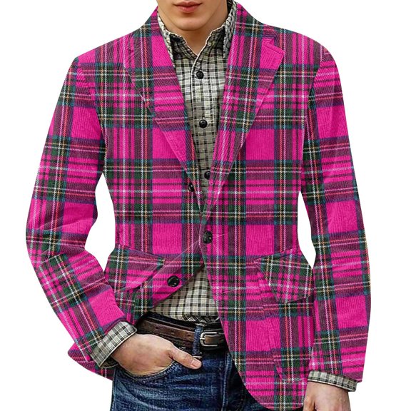Zimjoy Mens Plaid Sport Coats Casual Slim Fit Corduroy Suit Jacket Vintage One Button Checkered Blazer Business Work Office Blazers Jackets Birthday Party Sport Coats, Purple Pink 3XL