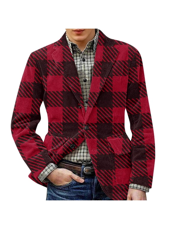 Mens Plaid Sport Coats Casual Slim Fit Corduroy Suit Jackets Vintage One Button Checkered Blazer Work Office Business Blazers Jackets Daily Wearing Sport Coats, Wine XL