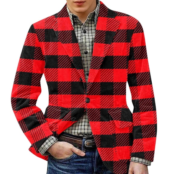 Zimjoy Mens Plaid Sport Coats One Button Vintage Corduroy Suit Jacket Slim Fit Casual Checkered Blazer Birthday Party Sport Coats Business Work Office Blazers Jackets, Red XL