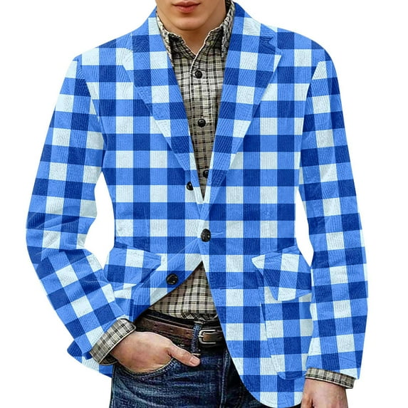 Zimjoy Mens Plaid Suit Jackets Casual Slim Fit Corduroy Suit Jacket Vintage One Button Checkered Blazer Business Work Office Blazers Jackets Daily Wearing Sport Coats, Blue 2XL