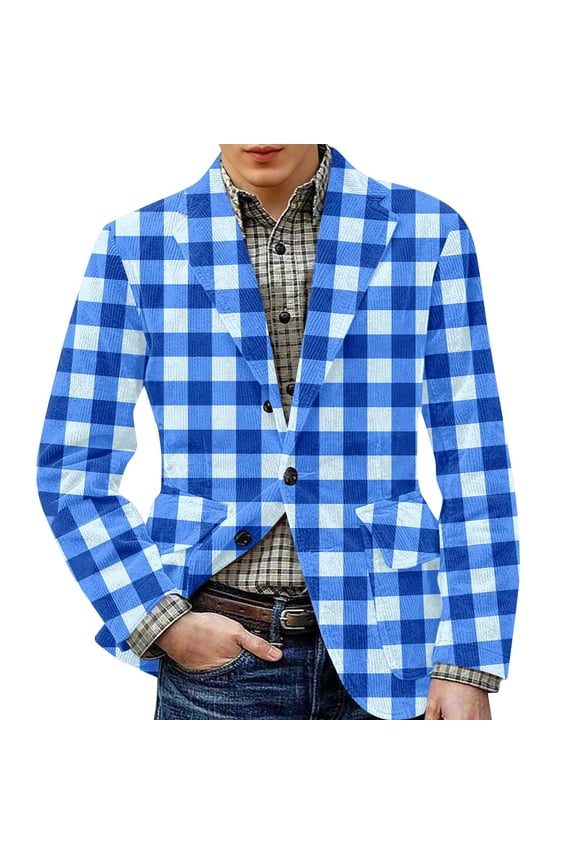 Mens Plaid Suit Jackets Casual Slim Fit Corduroy Suit Jacket Vintage One Button Checkered Blazer Business Work Office Blazers Jackets Daily Wearing Sport Coats, Blue 2XL