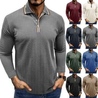 Zimjoy Mens Polo Shirts Long Sleeve Ribbed Knit Loose Fit T Shirt Men Casual Collared Elastic Golf Shirt Men Button Fall Sweaters, Gray L