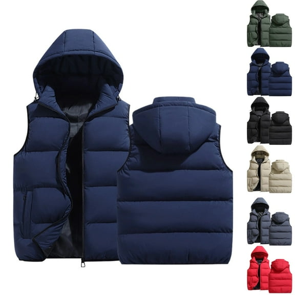 Zimjoy Mens Puffer Vest Thick Adjustable Hooded Windproof Heated Vest Warm Big and Tall Mens Puffer Jacket Casual Light Zip Up Outdoor Vests with Pockets, Dark Blue XL