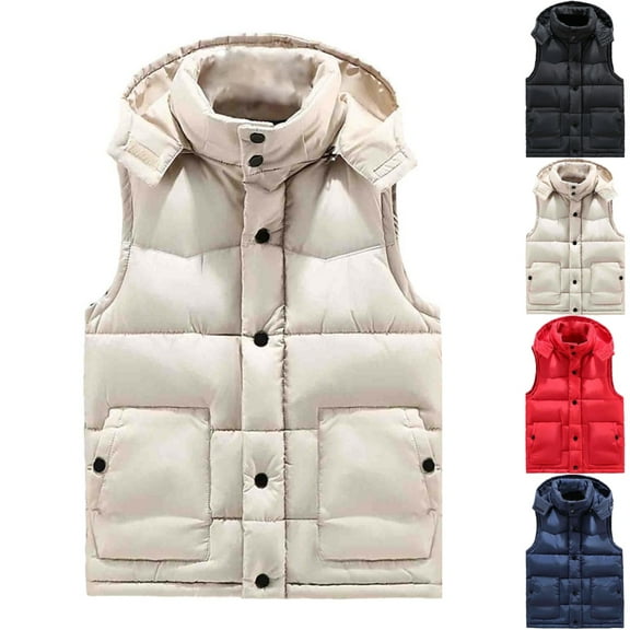 Zimjoy Mens Puffer Vest Windproof Thick Big and Tall Winter Vest Thermal Detachable Hooded Outerwear Vests Casual Light Zip Up Mens Puffer Jacket with Pockets, Beige M